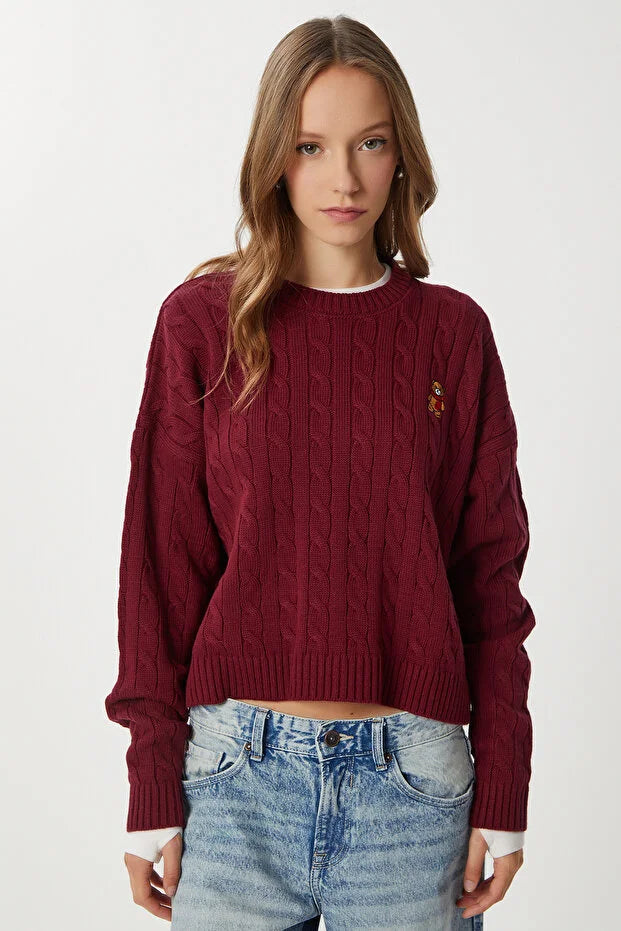 Ayıcık İşlemeli Saç Örgülü Triko Kazak