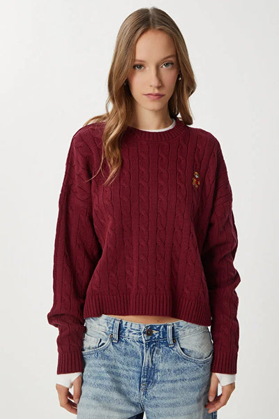 Ayıcık İşlemeli Saç Örgülü Triko Kazak