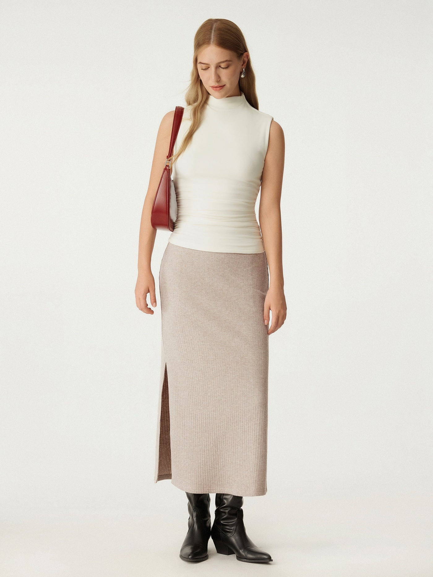 Şık Yırtmaçlı Yüksek Bel Midi Etek