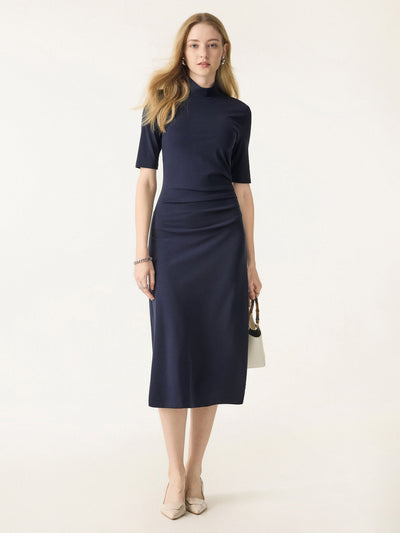 Tuck Detaylı Yarım Kollu Yüksek Yaka Elbise