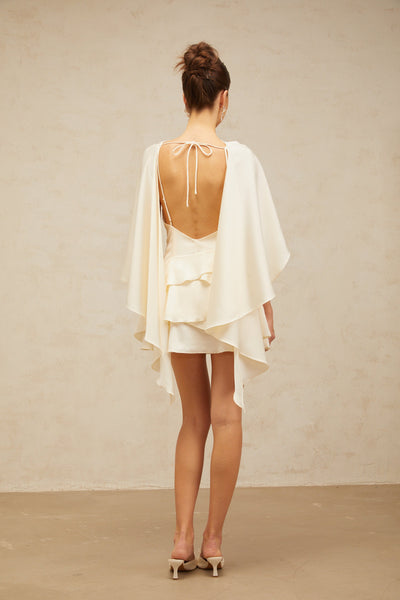 Lyna Beyaz Saten Fırfırlı Mini Elbise