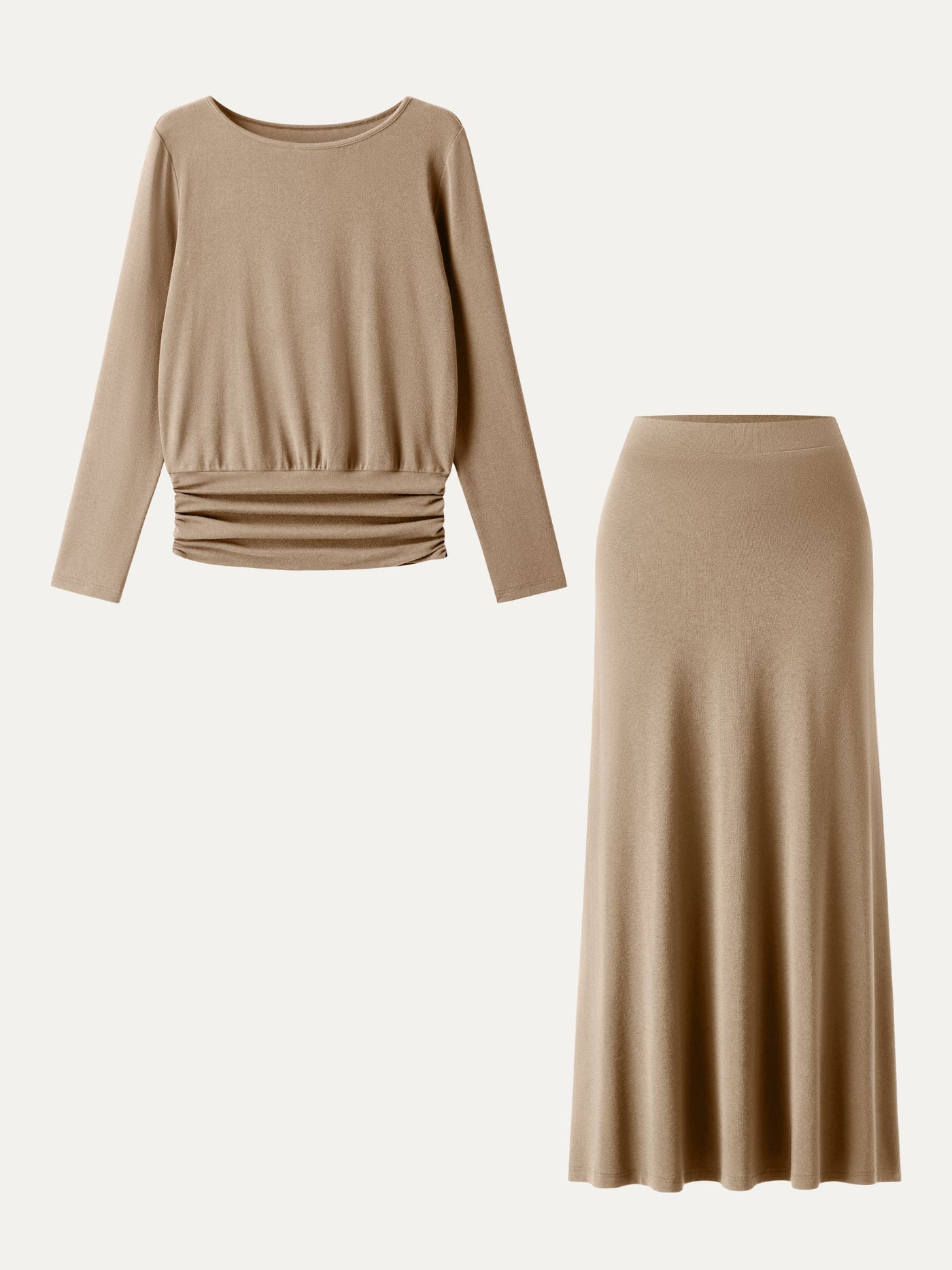 Açık Renkli Yuvarlak Yaka Bluz & Puantiyeli Etek Takım