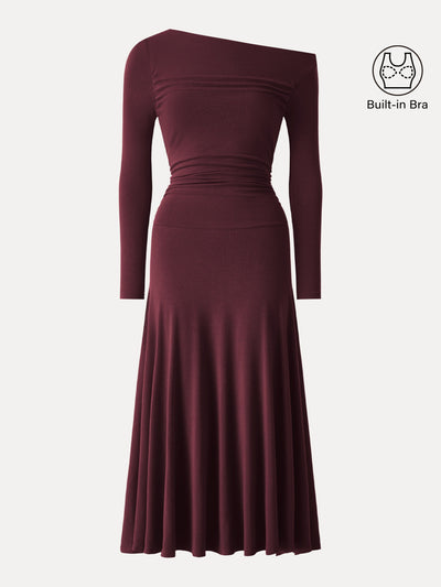 Asimetrik Maxi Elbise Çift Omuz ve Büzgülü