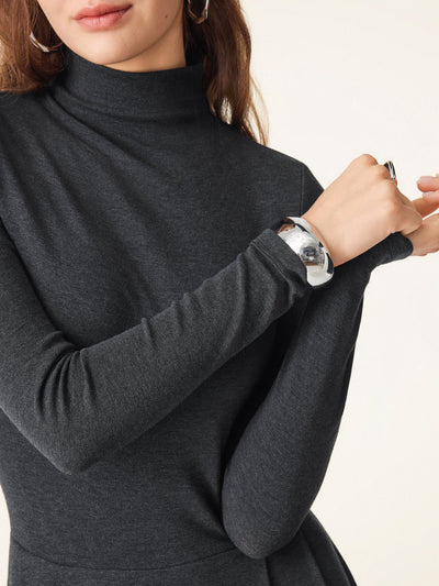 Kalın Yaka Cepli Pilili Midi Elbise