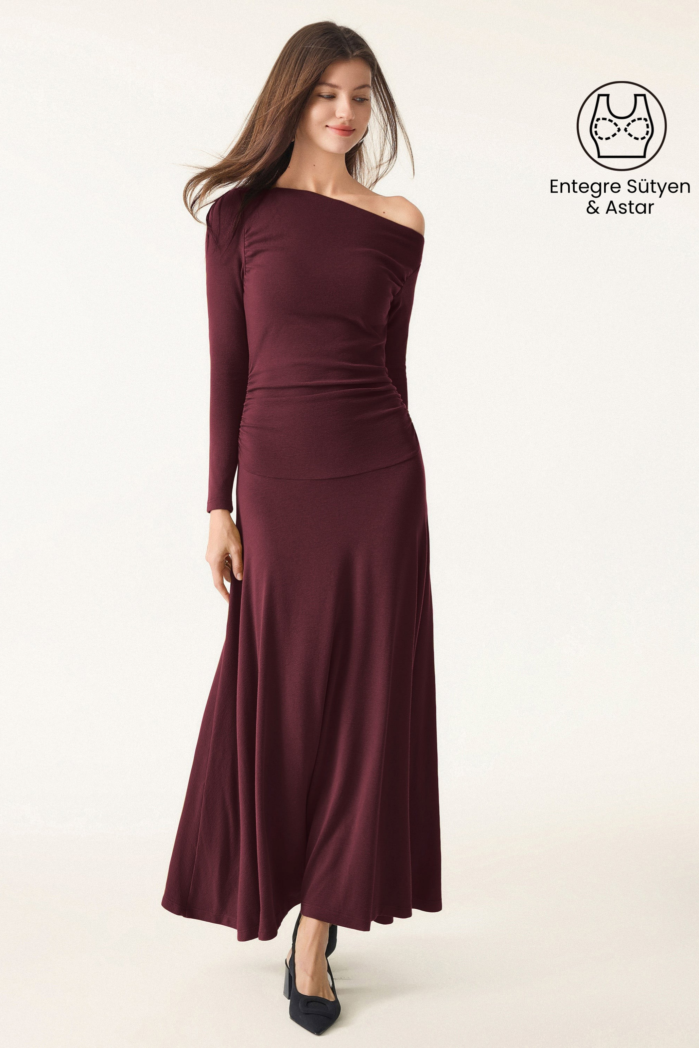 Asimetrik Maxi Elbise Çift Omuz ve Büzgülü