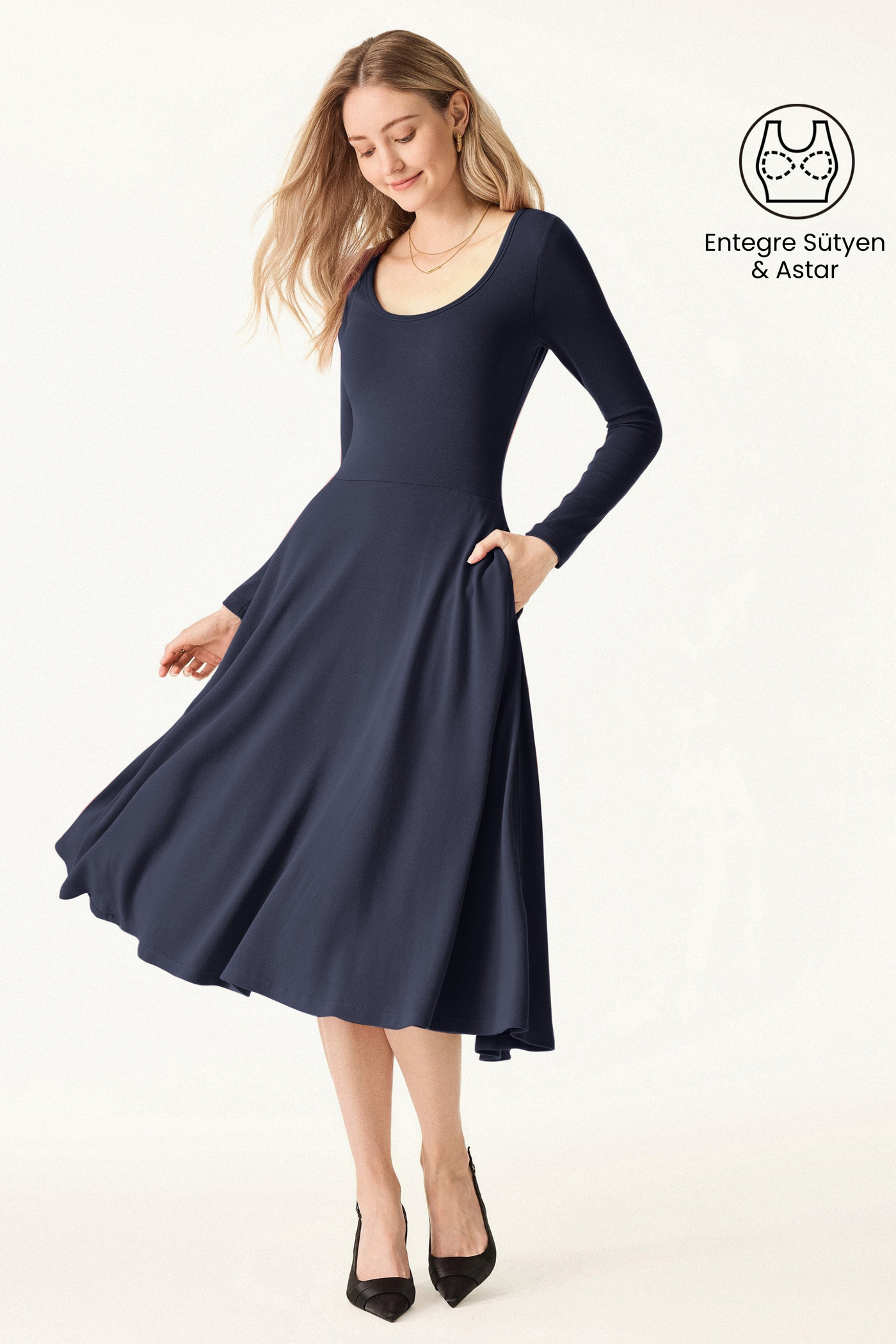 Kısa Kollu V Yaka Brode Midi Elbise