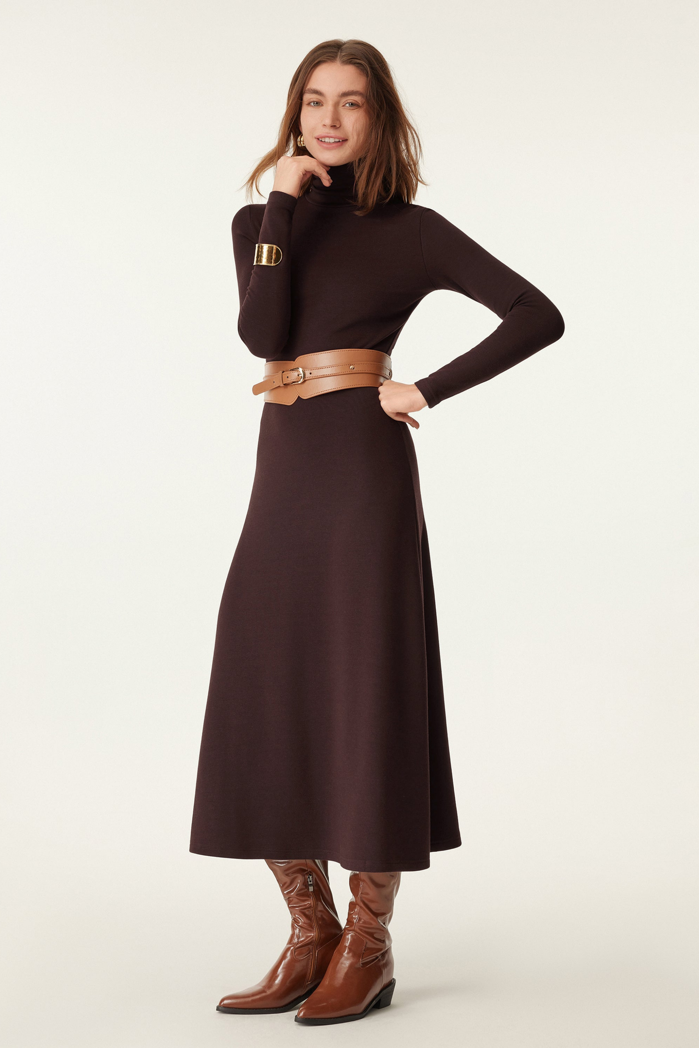 Heat-Tech Boğazlı Midi Elbise