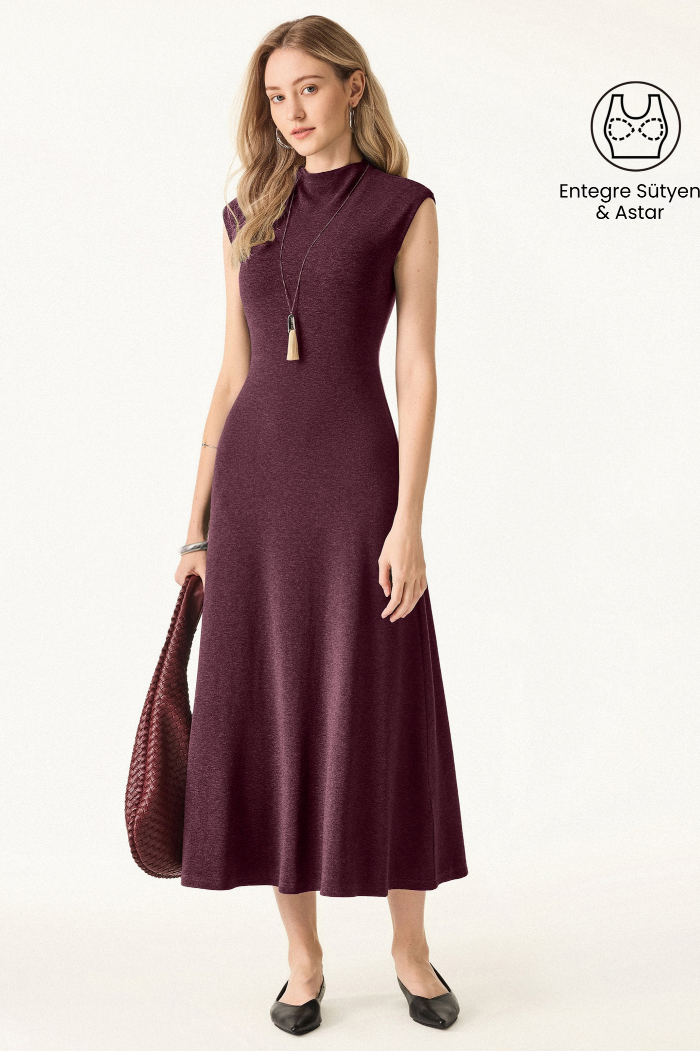 Şık Geniş Omuz Midi Elbise