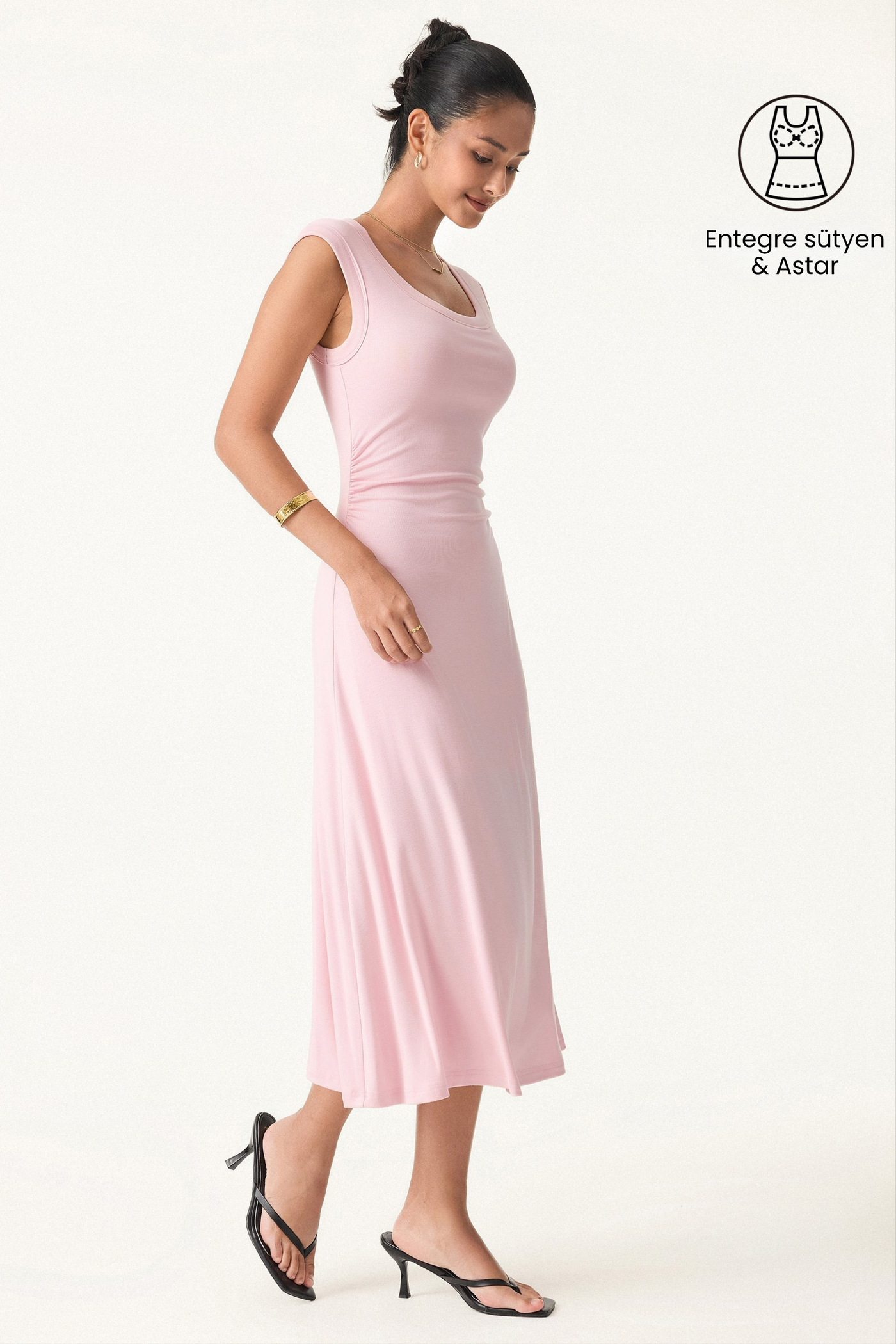 V Yaka Yan Büzgülü Midi Elbise