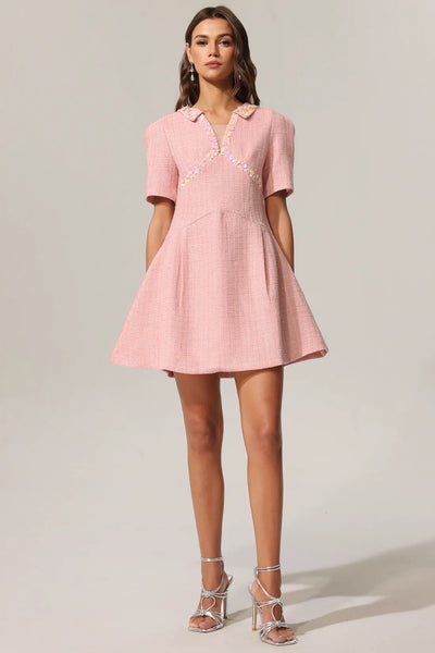 Didu V Yaka Kısa Kollu Mini Elbise