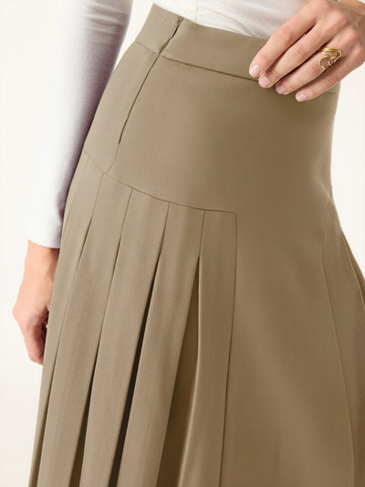 Özel Dikişli Katlanabilir Uzun Trapez Haki Midi Etek