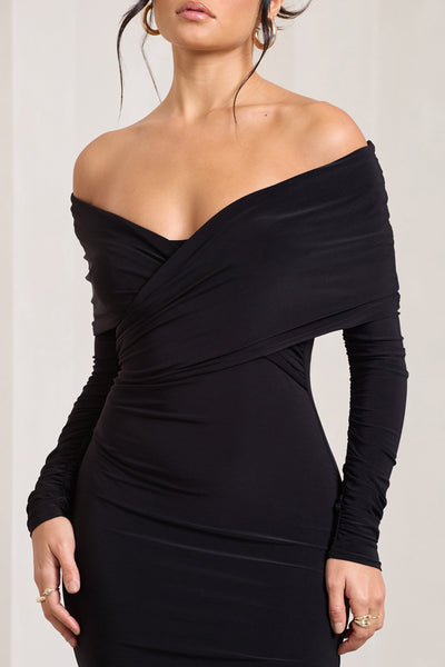 Ön Twistli Siyah Midi Elbise