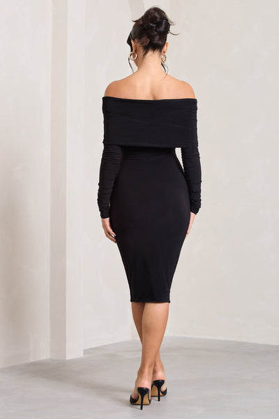 Ön Twistli Siyah Midi Elbise