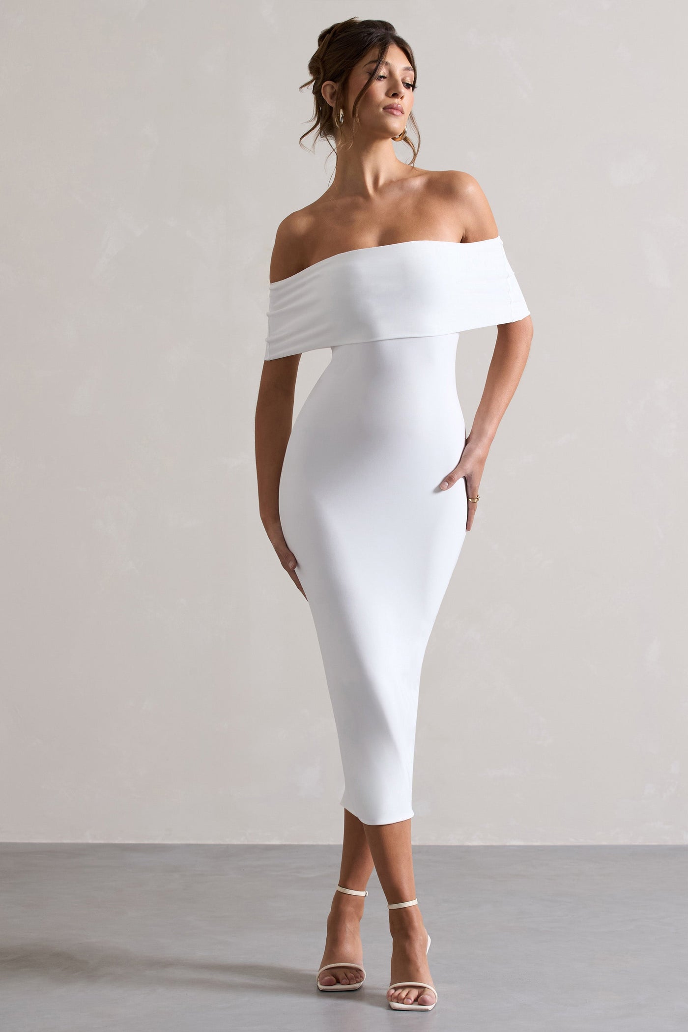 Averie | Beyaz Bodycon Bardot Midi Elbise