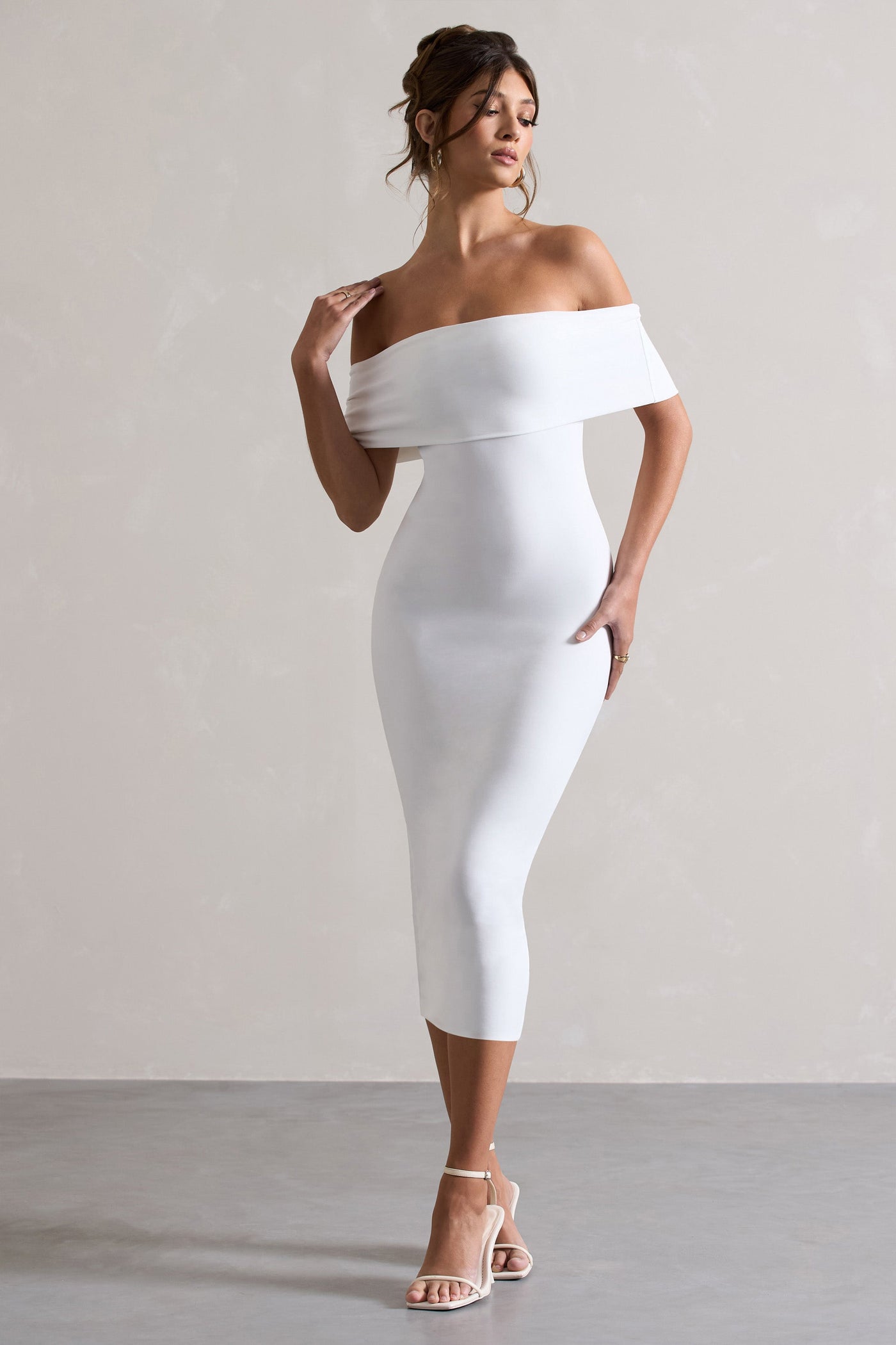 Averie | Beyaz Bodycon Bardot Midi Elbise