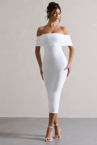 Averie | Beyaz Bodycon Bardot Midi Elbise