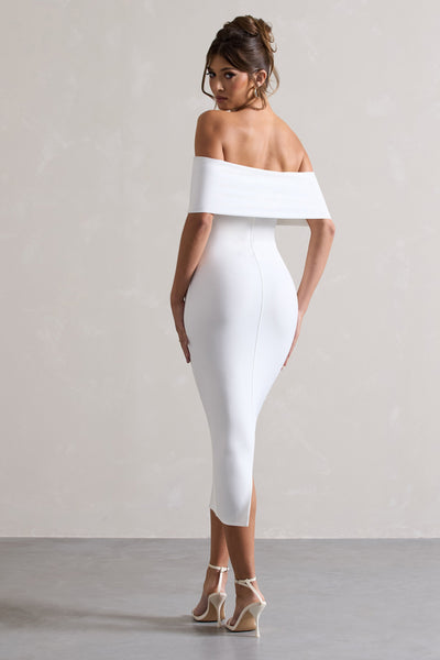 Averie | Beyaz Bodycon Bardot Midi Elbise