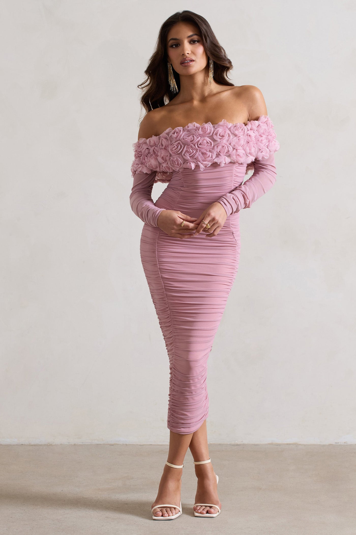 Pembe Dantel Bardot Midi Elbise