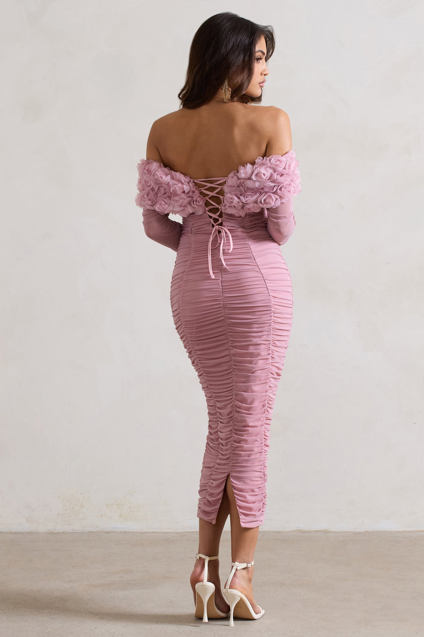 Pembe Dantel Bardot Midi Elbise