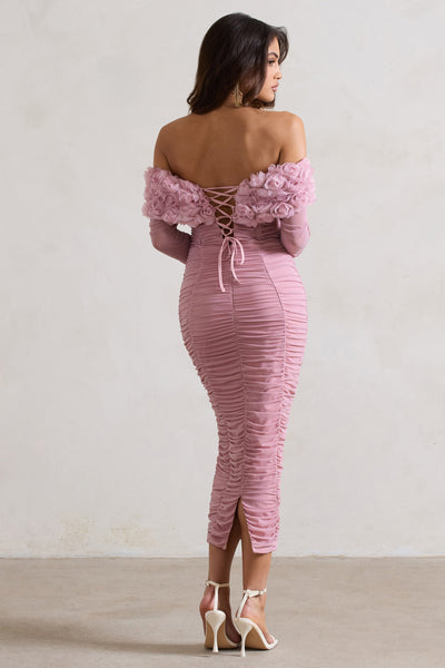 Pembe Dantel Bardot Midi Elbise