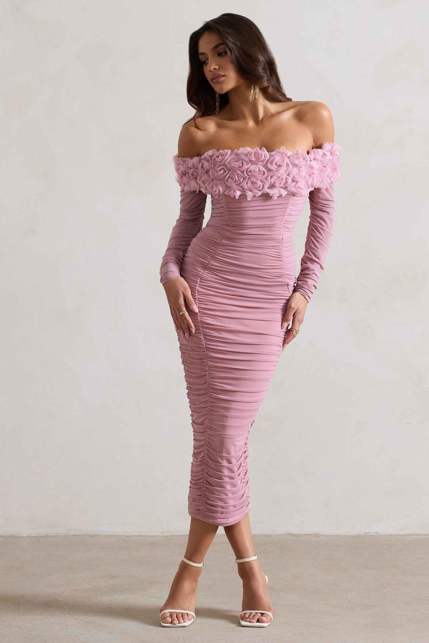 Pembe Dantel Bardot Midi Elbise