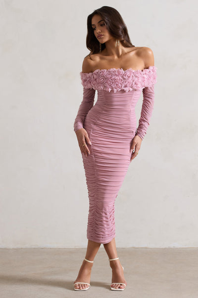 Pembe Dantel Bardot Midi Elbise