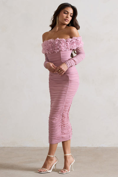 Pembe Dantel Bardot Midi Elbise