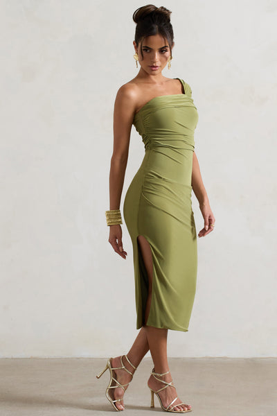 Hawaii | Zeytin Yeşili Asimetrik Midi Elbise
