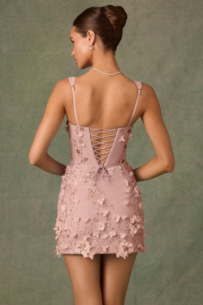 Toz Pembe Dekoratif Bağcıklı Mini Elbise