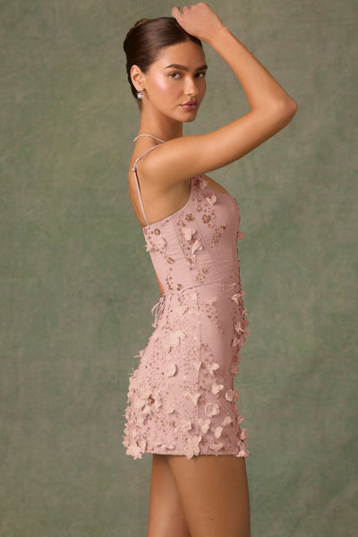 Toz Pembe Dekoratif Bağcıklı Mini Elbise