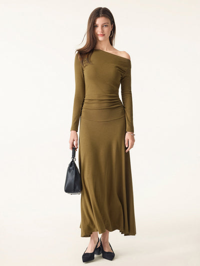 Asimetrik Maxi Elbise Çift Omuz ve Büzgülü