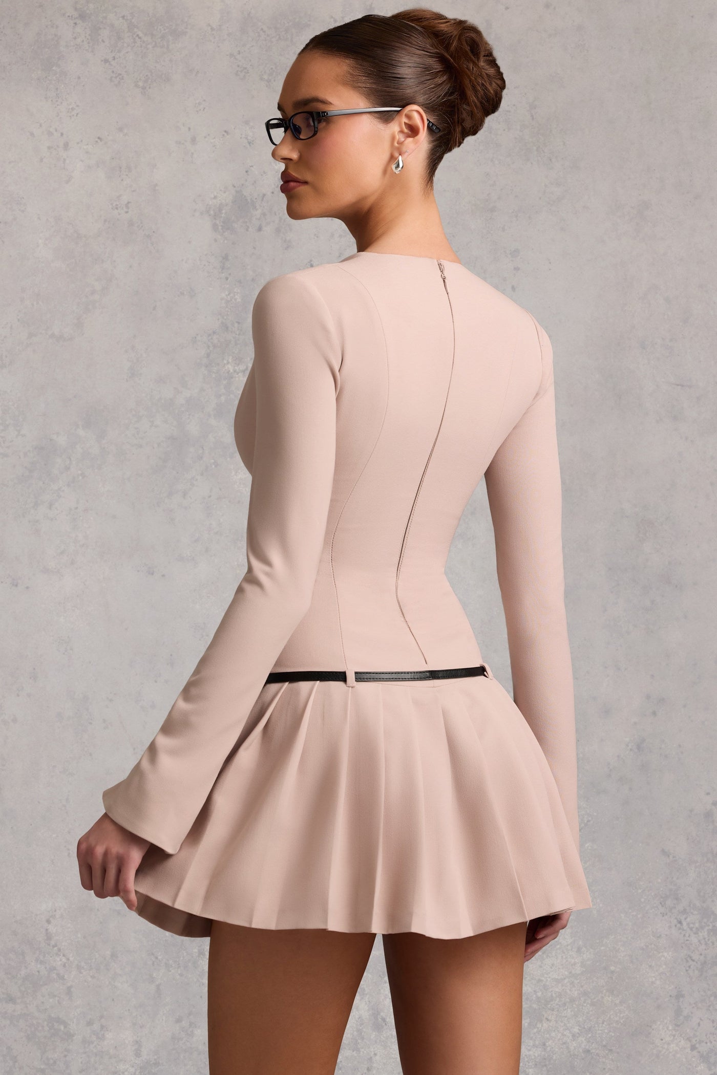 Şık, Uzun Kollu, Pileli Mini Elbise