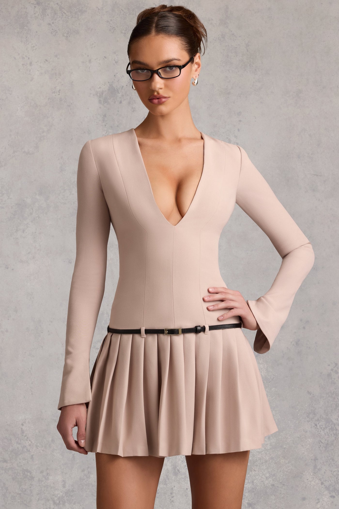 Şık, Uzun Kollu, Pileli Mini Elbise