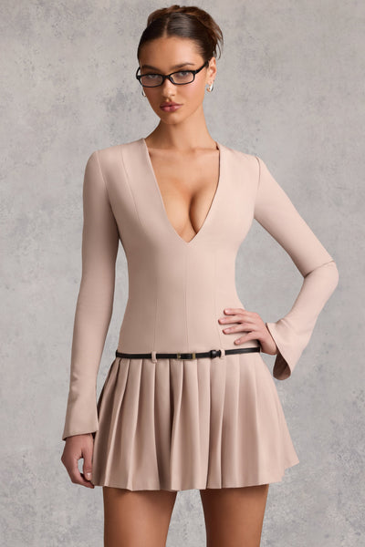 Şık, Uzun Kollu, Pileli Mini Elbise