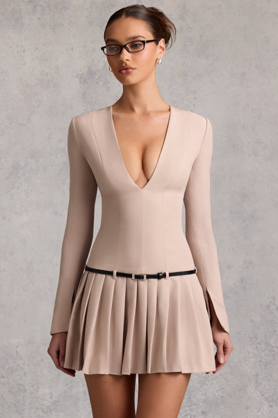 Şık, Uzun Kollu, Pileli Mini Elbise