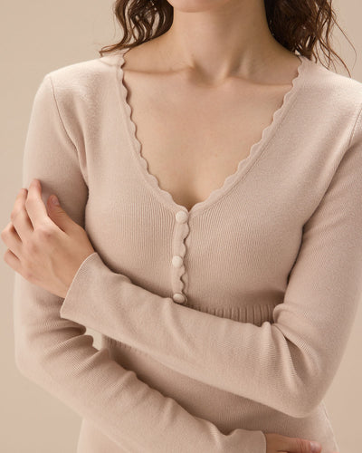 Bej Rengi V Yaka Vücuda Oturan Kazak Elbise