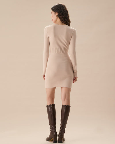 Bej Rengi V Yaka Vücuda Oturan Kazak Elbise